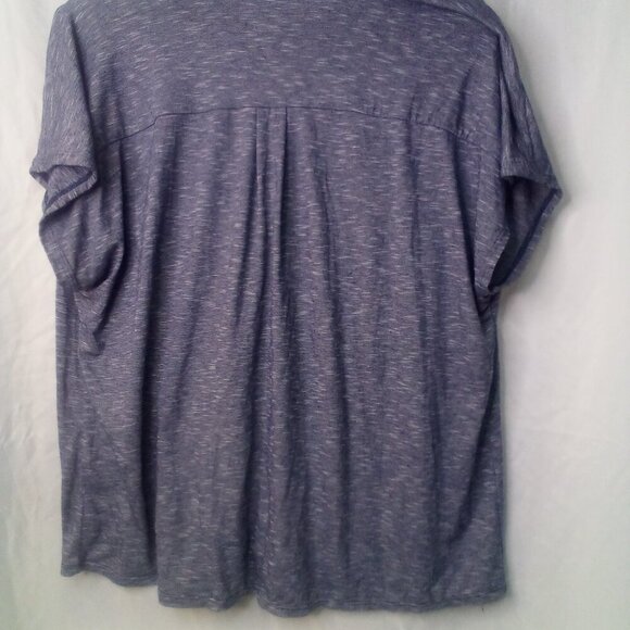 Max Edition Blouse L Short Sleeve Button Front Tie Hem V-Neck Blue - Picture 10 of 14